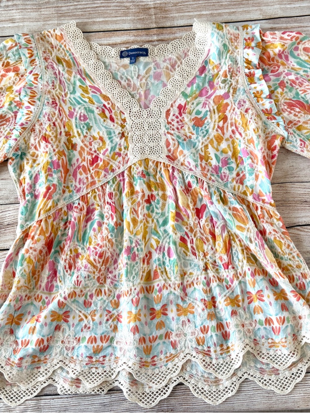 Democracy Floral Crochet-Trim Peasant Blouse in Pastel Multi - Picture 11 of 13